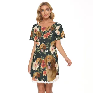 Custom Dog Face Women's Dress With Lace Edge
