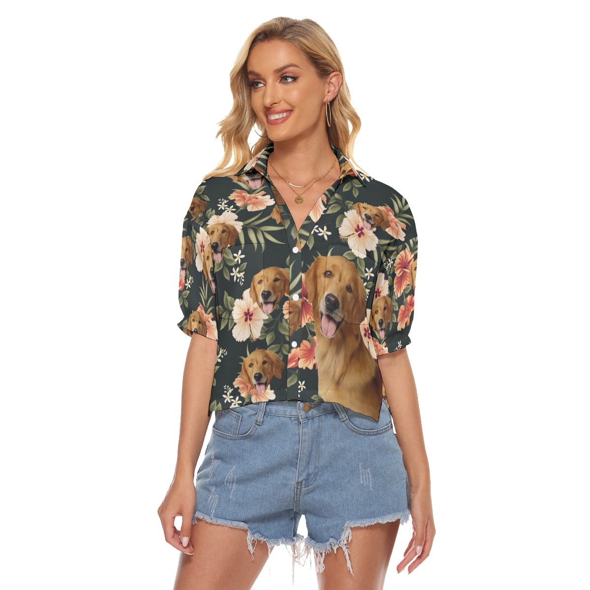 Black Cropped Hawaiian Shirt With Dog Face - variant image 1