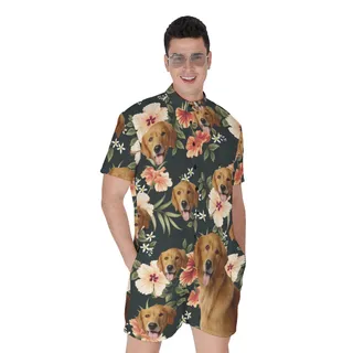 Black Hawaiian Men's Romper With Custom Dog Face