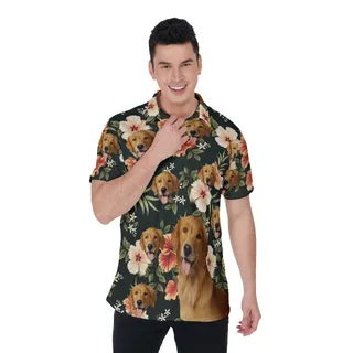Black Floral Men Polo Shirt With Dog Face