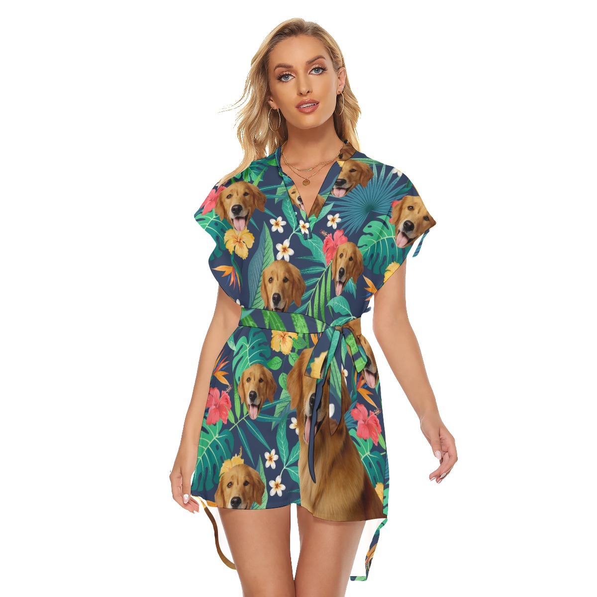 Floral Belted Hawaiian Dress With Dog Face - variant image 1