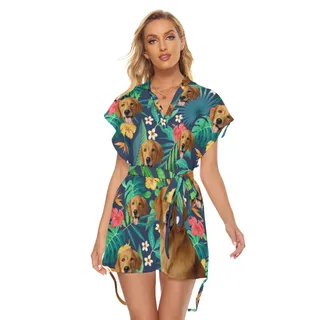 Floral Belted Hawaiian Dress With Dog Face