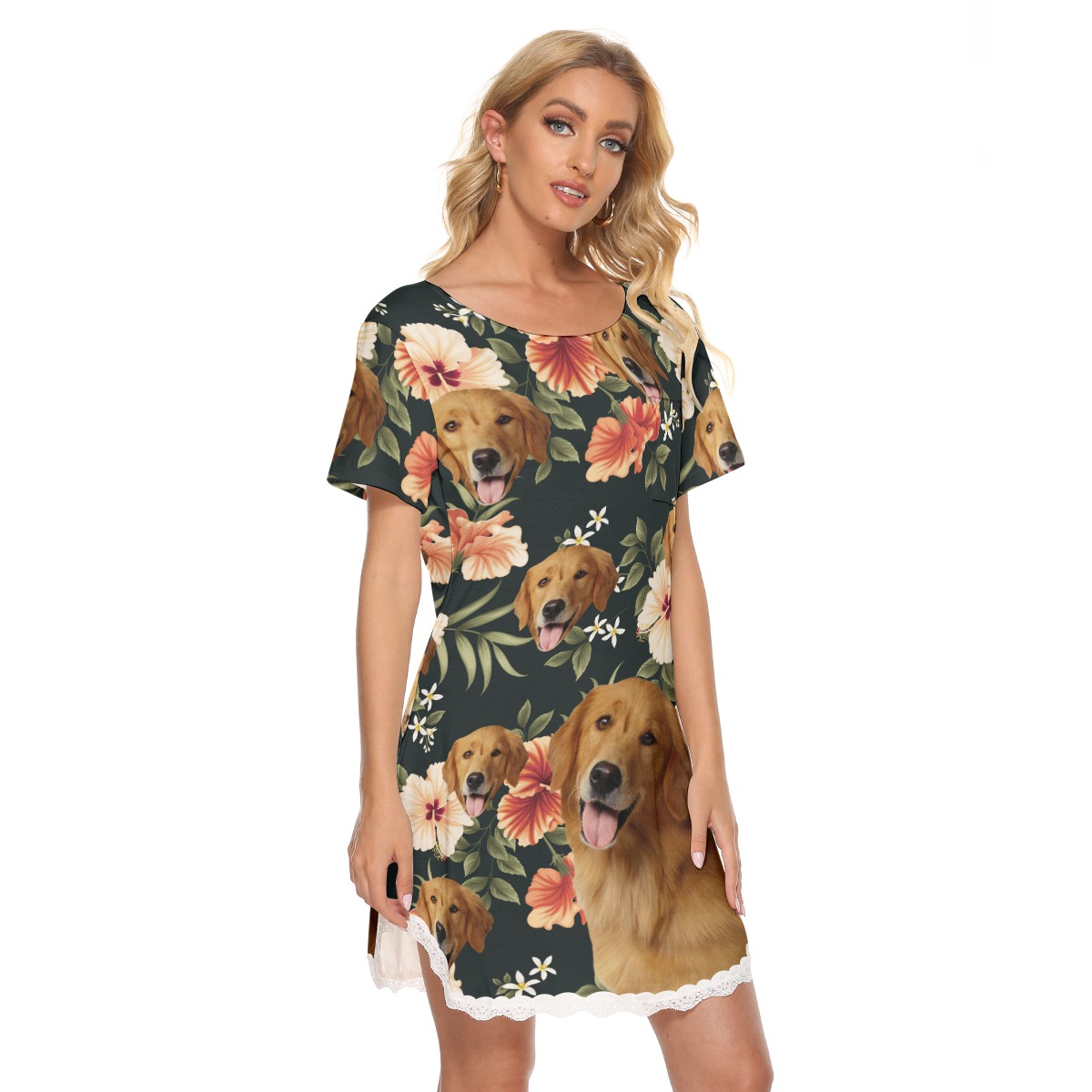 Custom Dog Face Women's Dress With Lace Edge