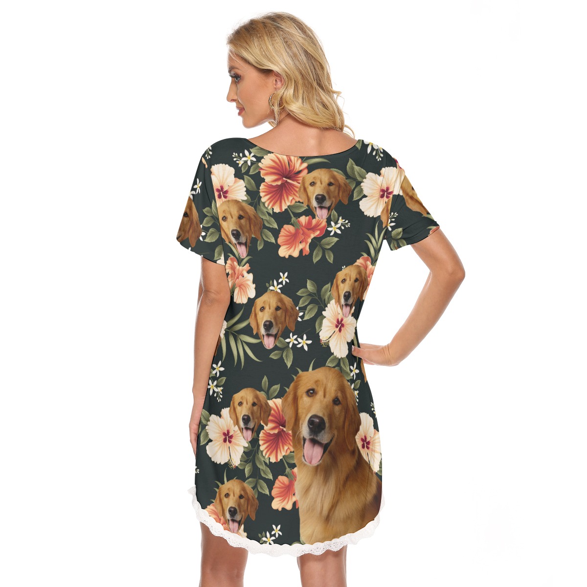 Custom Dog Face Women's Dress With Lace Edge