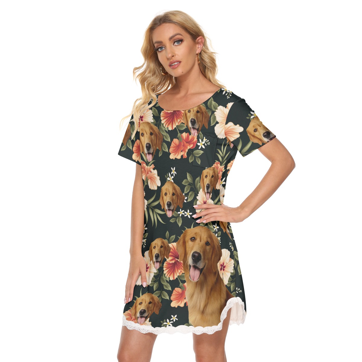 Custom Dog Face Women's Dress With Lace Edge