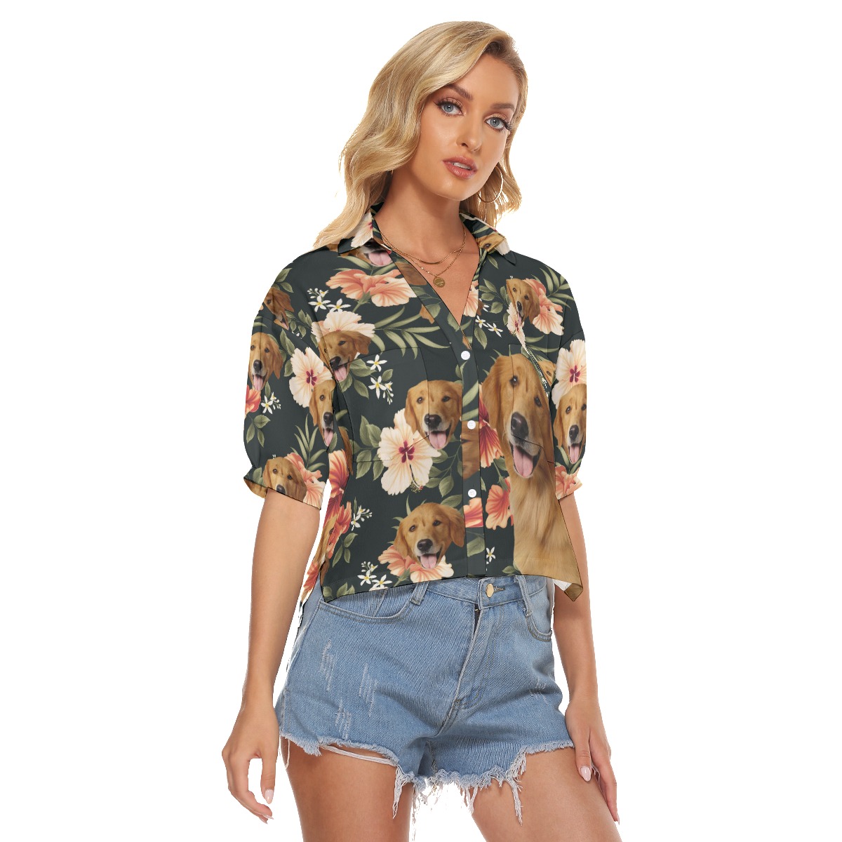 Black Cropped Hawaiian Shirt With Dog Face