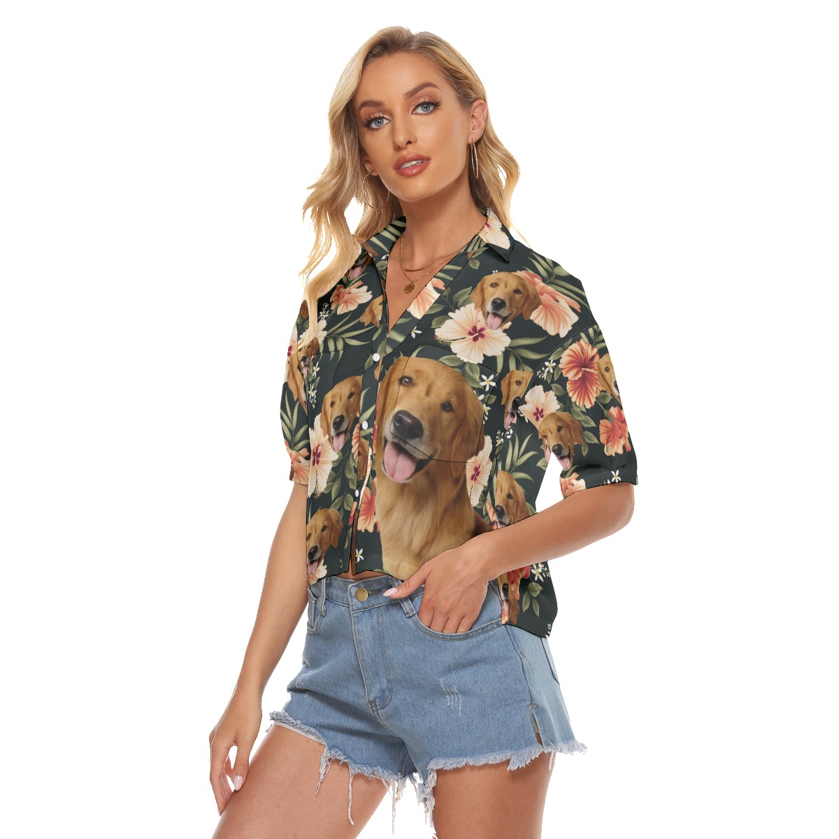 Black Cropped Hawaiian Shirt With Dog Face