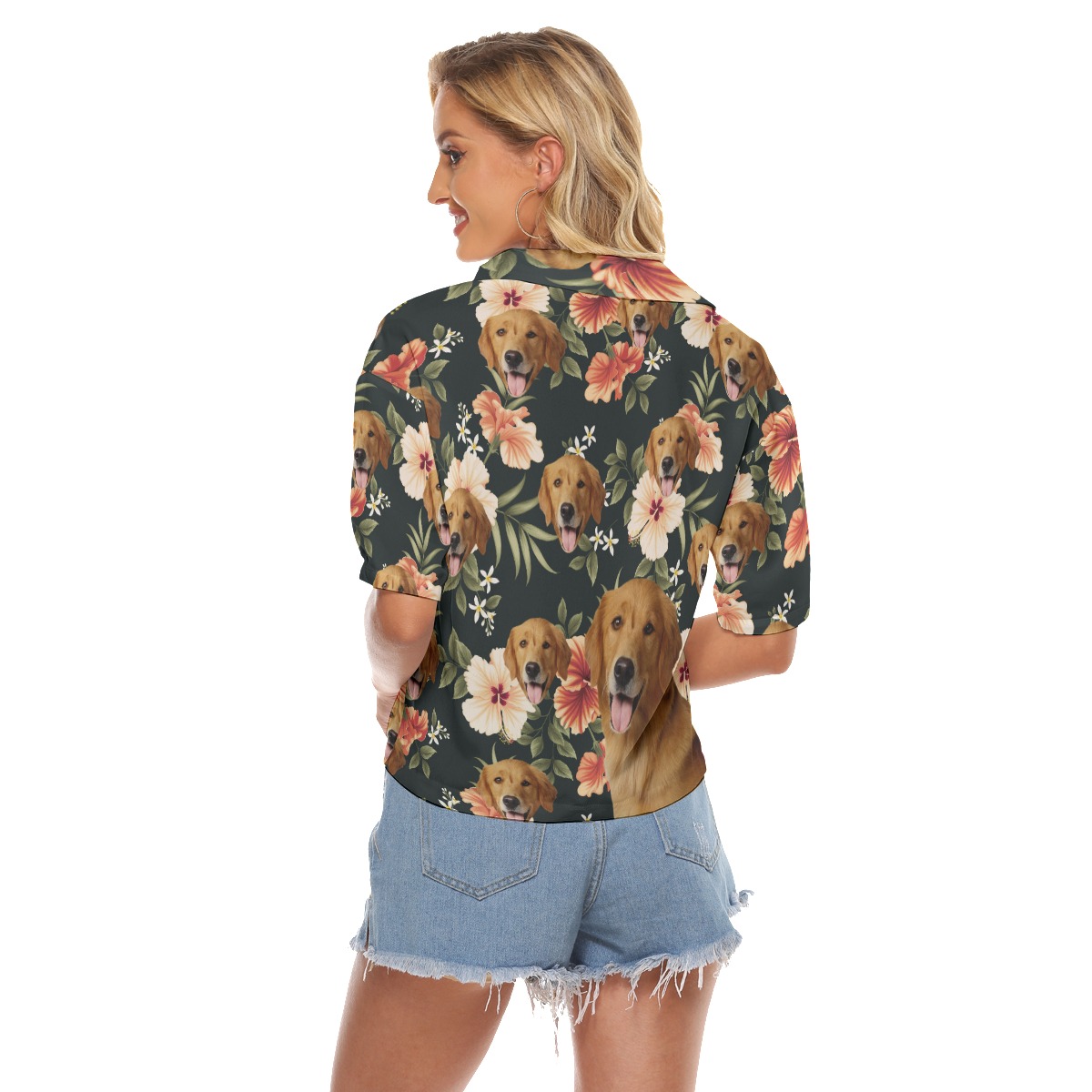 Black Cropped Hawaiian Shirt With Dog Face