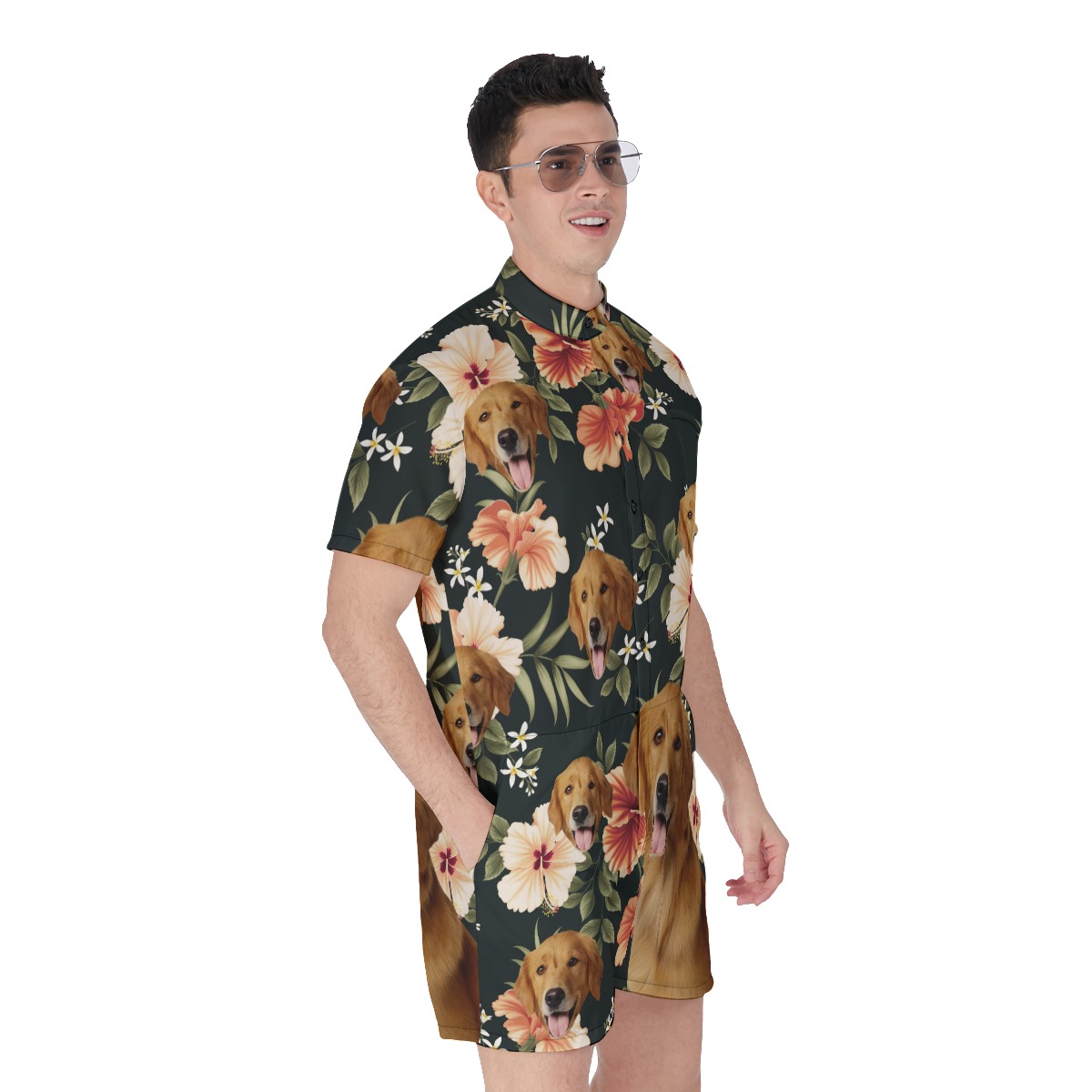 Black Hawaiian Men's Romper With Custom Dog Face
