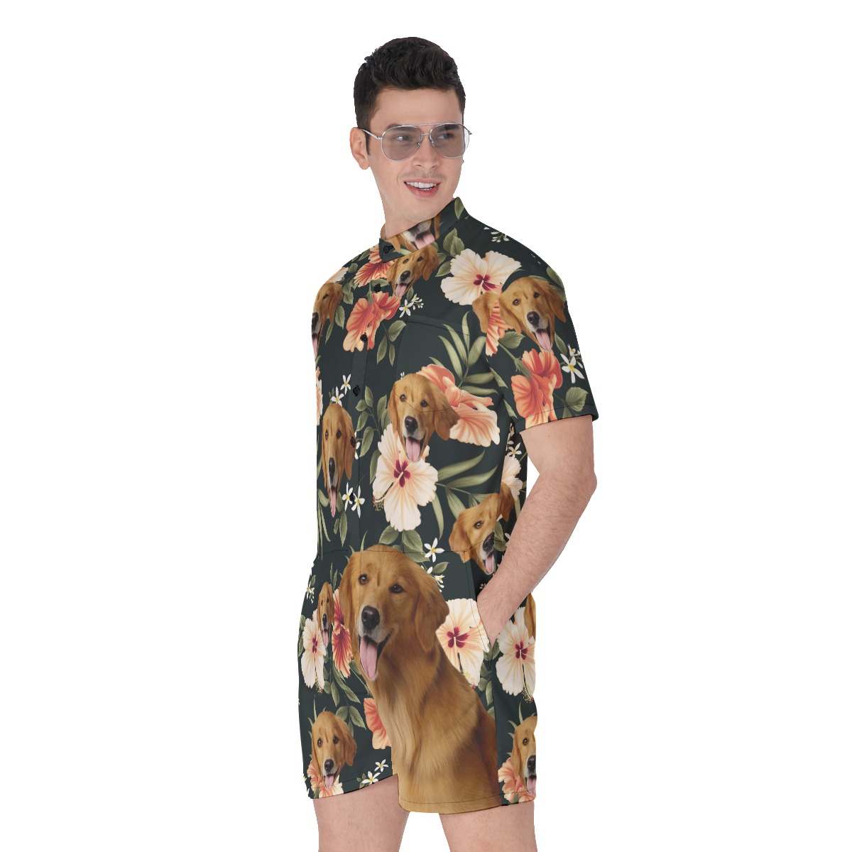 Black Hawaiian Men's Romper With Custom Dog Face