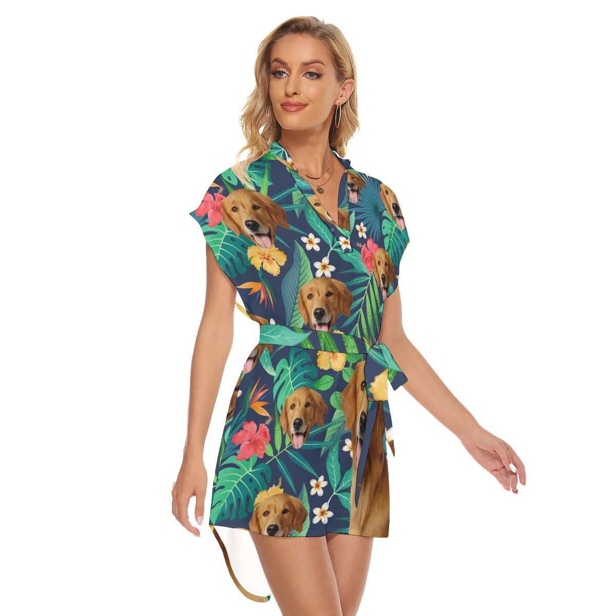 Floral Belted Hawaiian Dress With Dog Face
