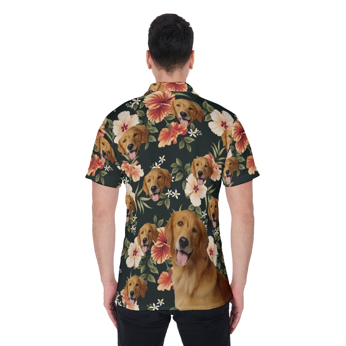 Black Floral Men Polo Shirt With Dog Face