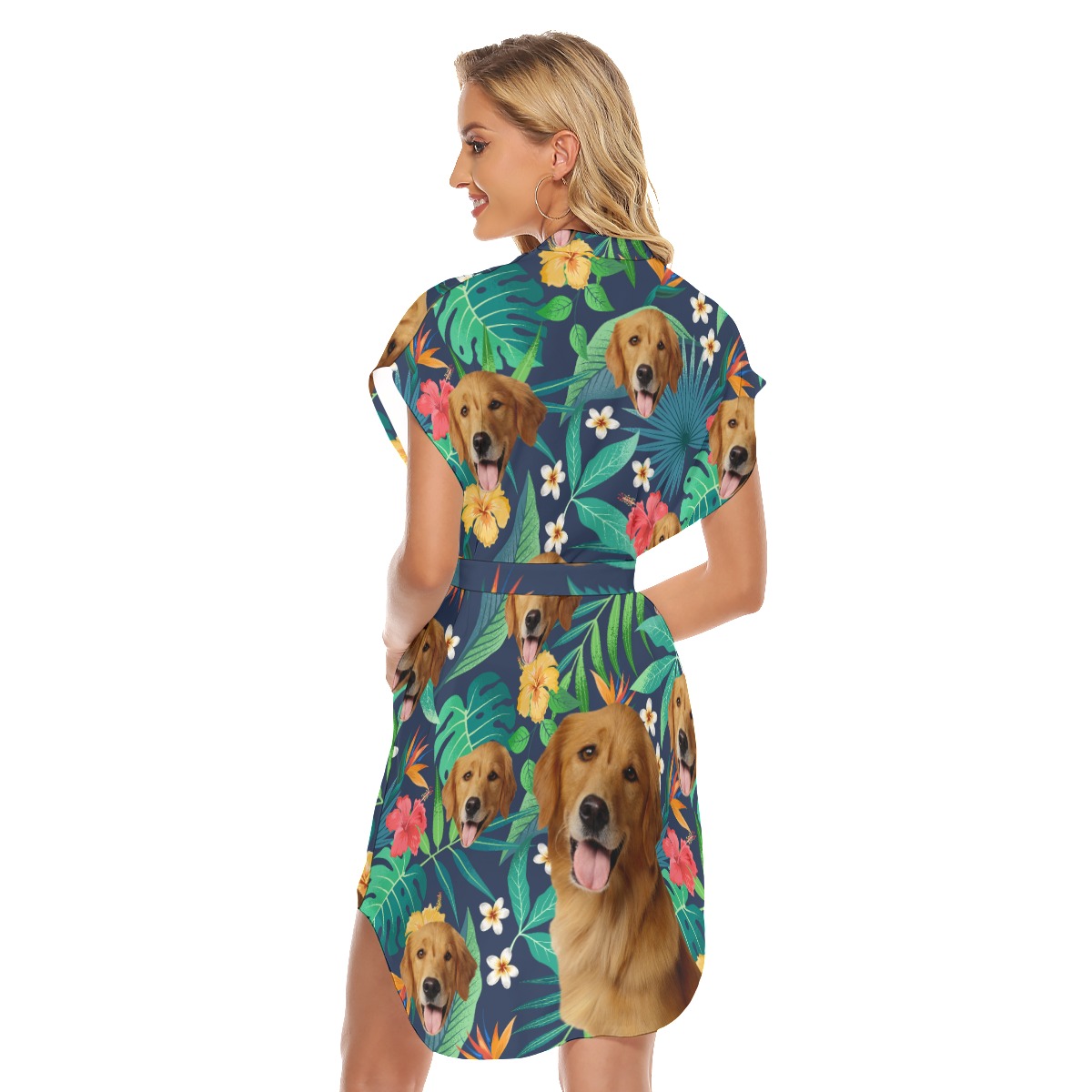 Floral Belted Hawaiian Dress With Dog Face