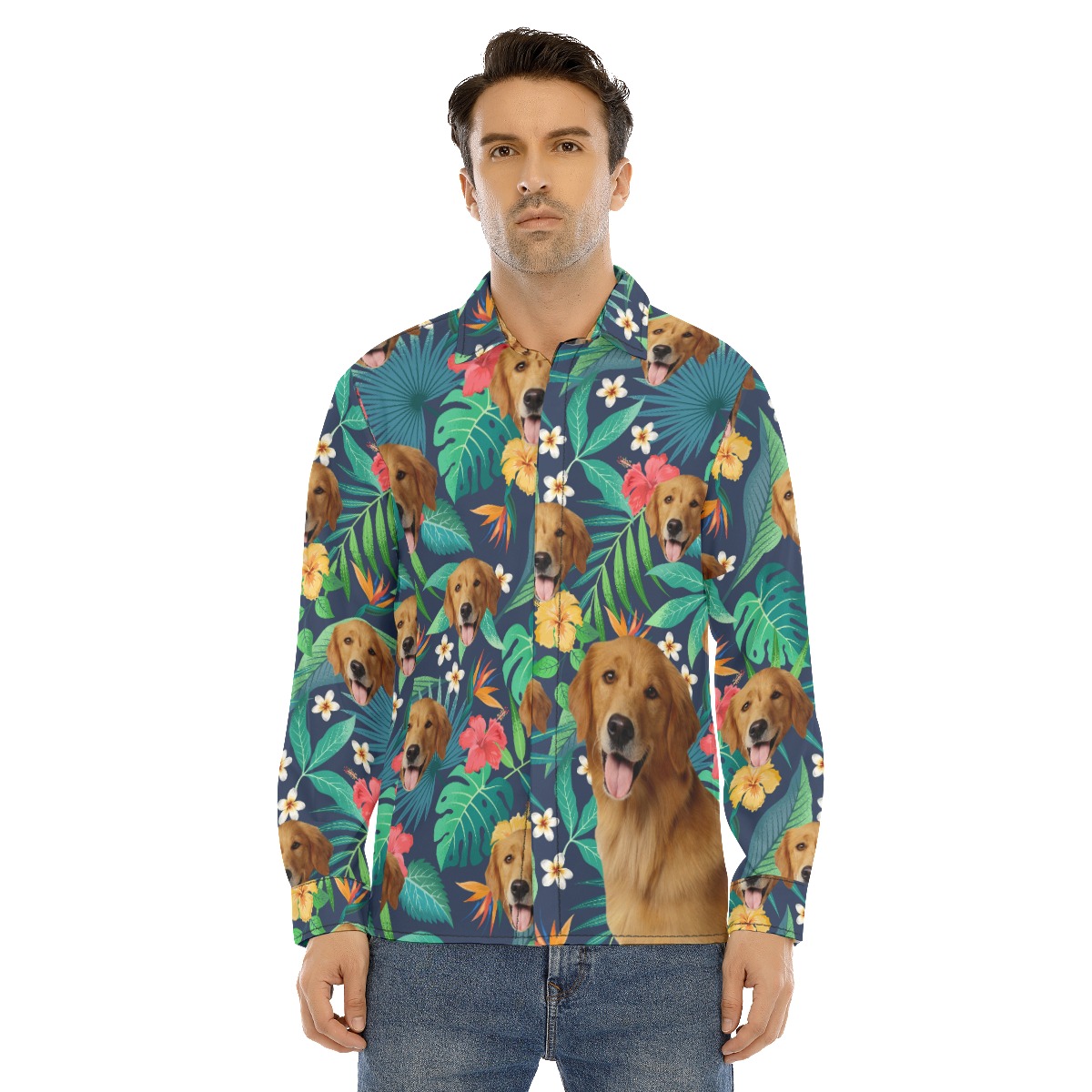 Custom Tropical Long Sleeve Hawaiian Shirt With Dog Face - variant image 1