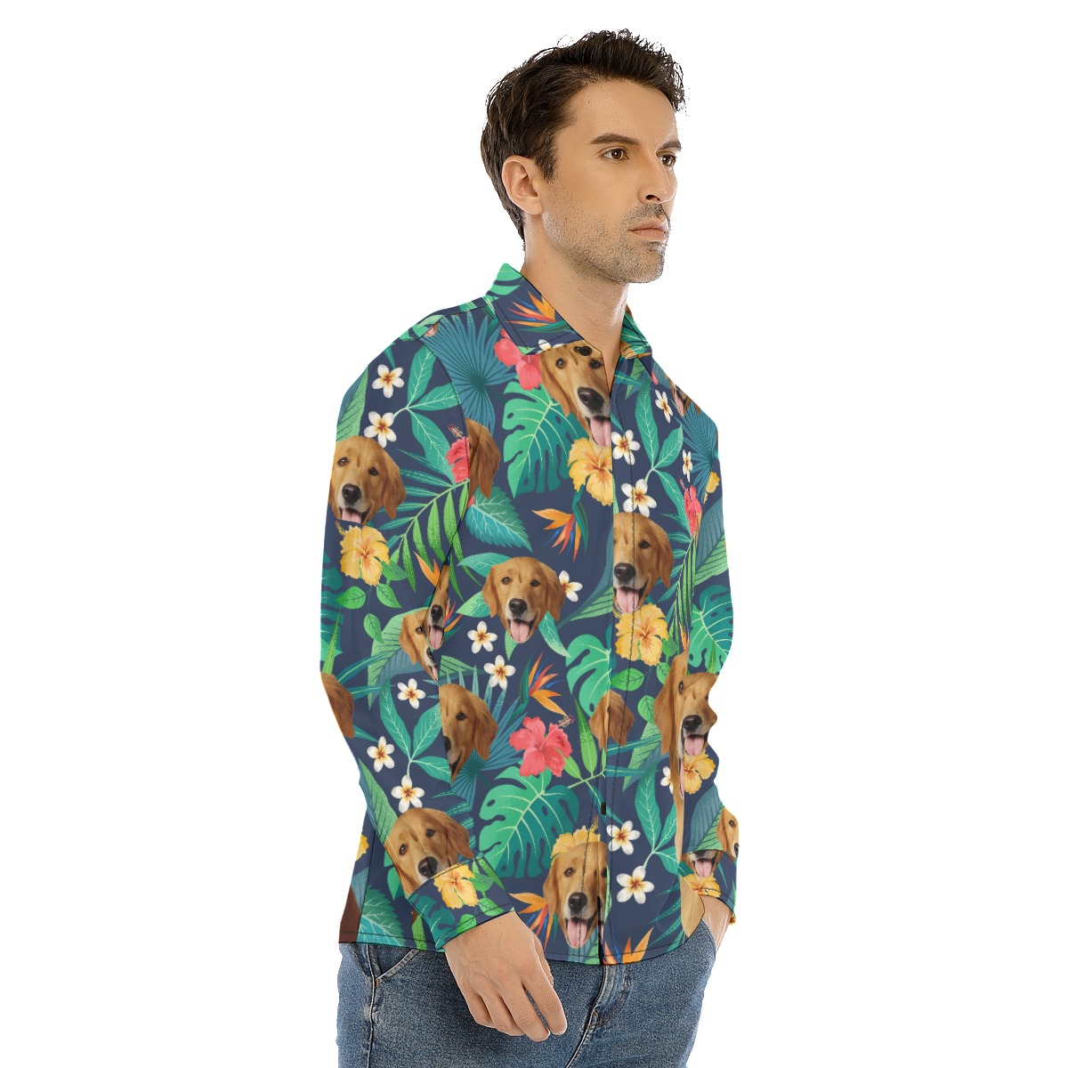 Custom Tropical Long Sleeve Hawaiian Shirt With Dog Face