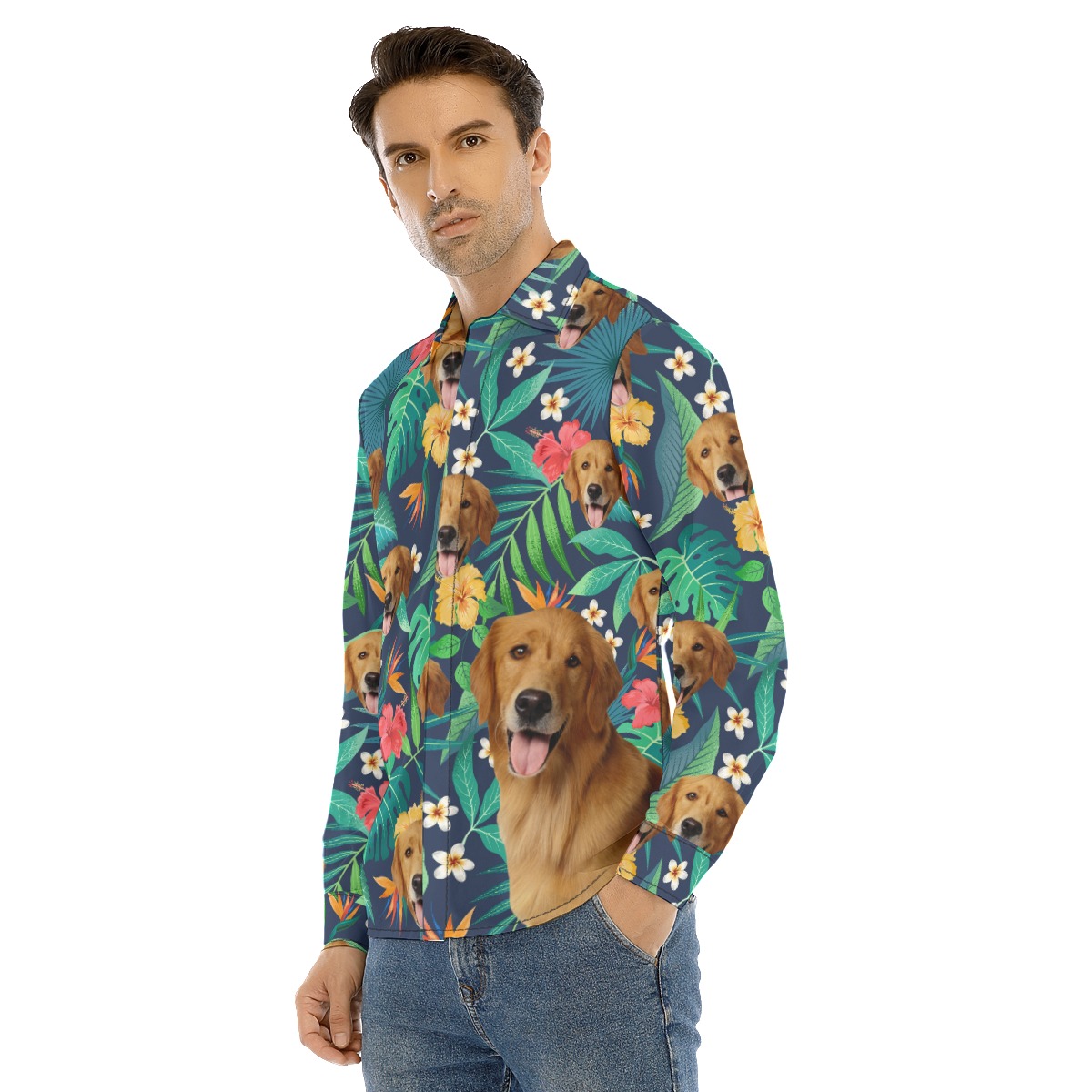 Custom Tropical Long Sleeve Hawaiian Shirt With Dog Face
