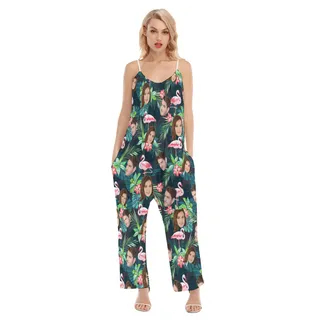 Custom Multiple Faces Tropical Flamingo Hawaiian Loose Jumpsuit