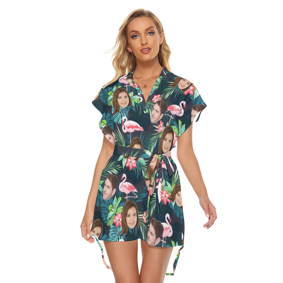 Funny Custom Face Tropical Flamingo Green Hawaiian Dress With Belt - variant image 1