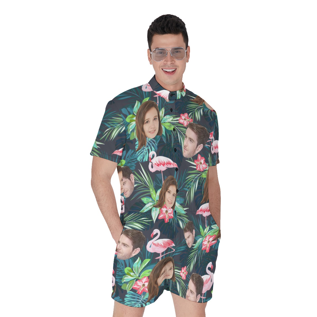 Tropical Flamingo Custom Face Men's Green Hawaiian Romper - variant image 1