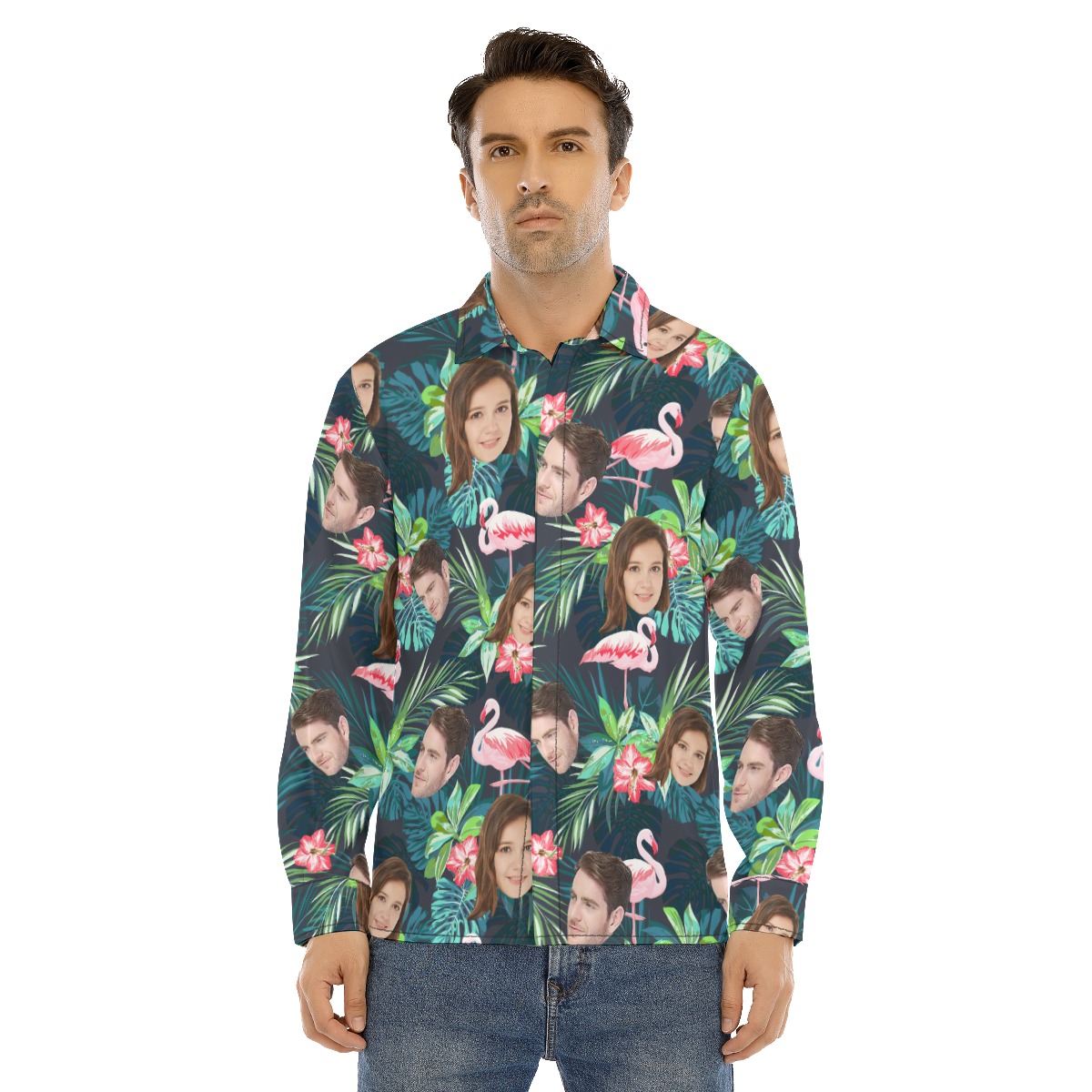 Custom Face Flamingo Tropical Hawaiian Long Sleeve Shirt For Men - variant image 1