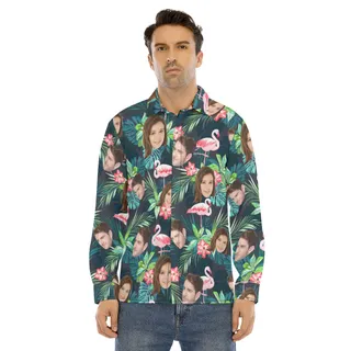 Custom Face Flamingo Tropical Hawaiian Long Sleeve Shirt For Men