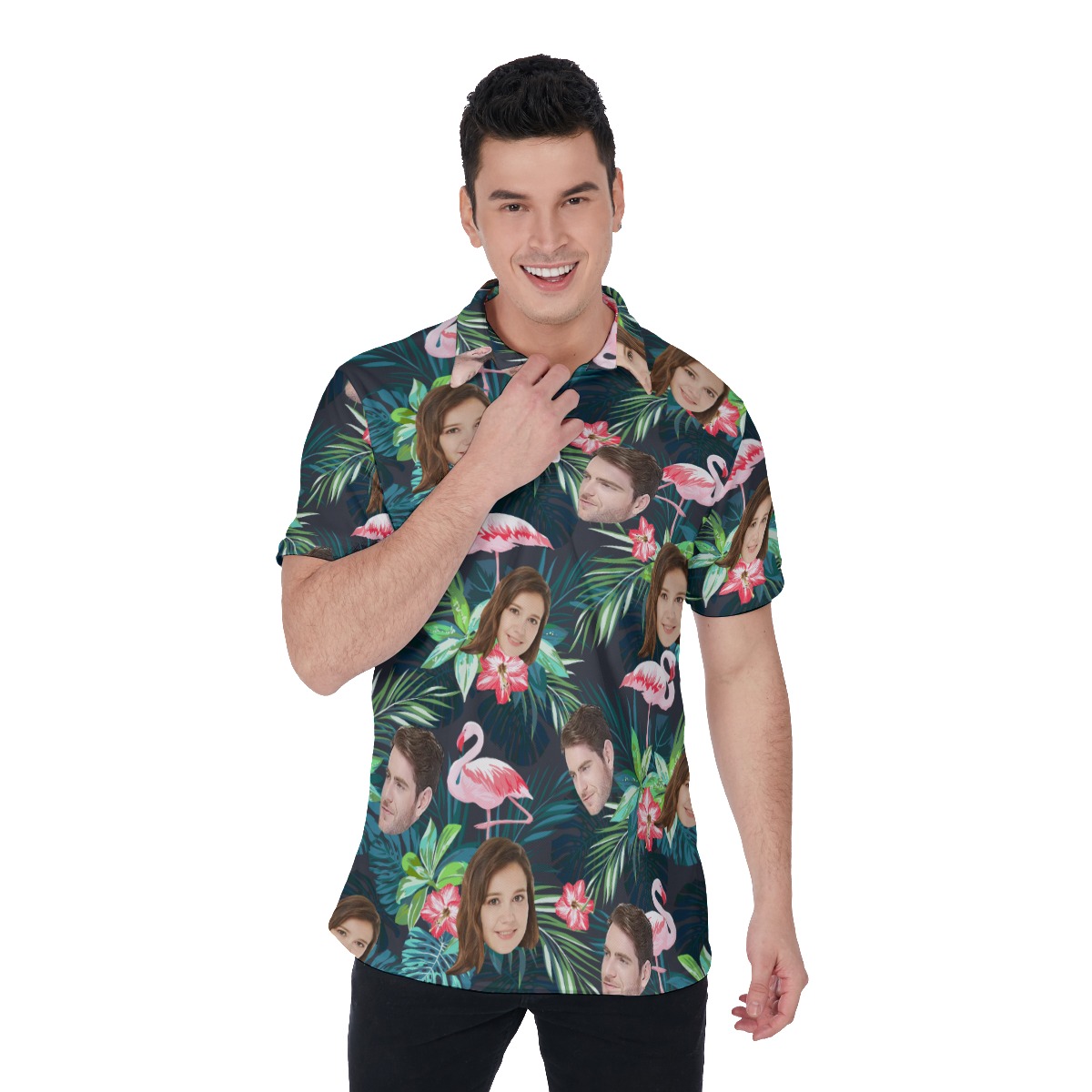 Tropical Flamingo Custom Face Hawaiian Polo Shirt - variant image 1