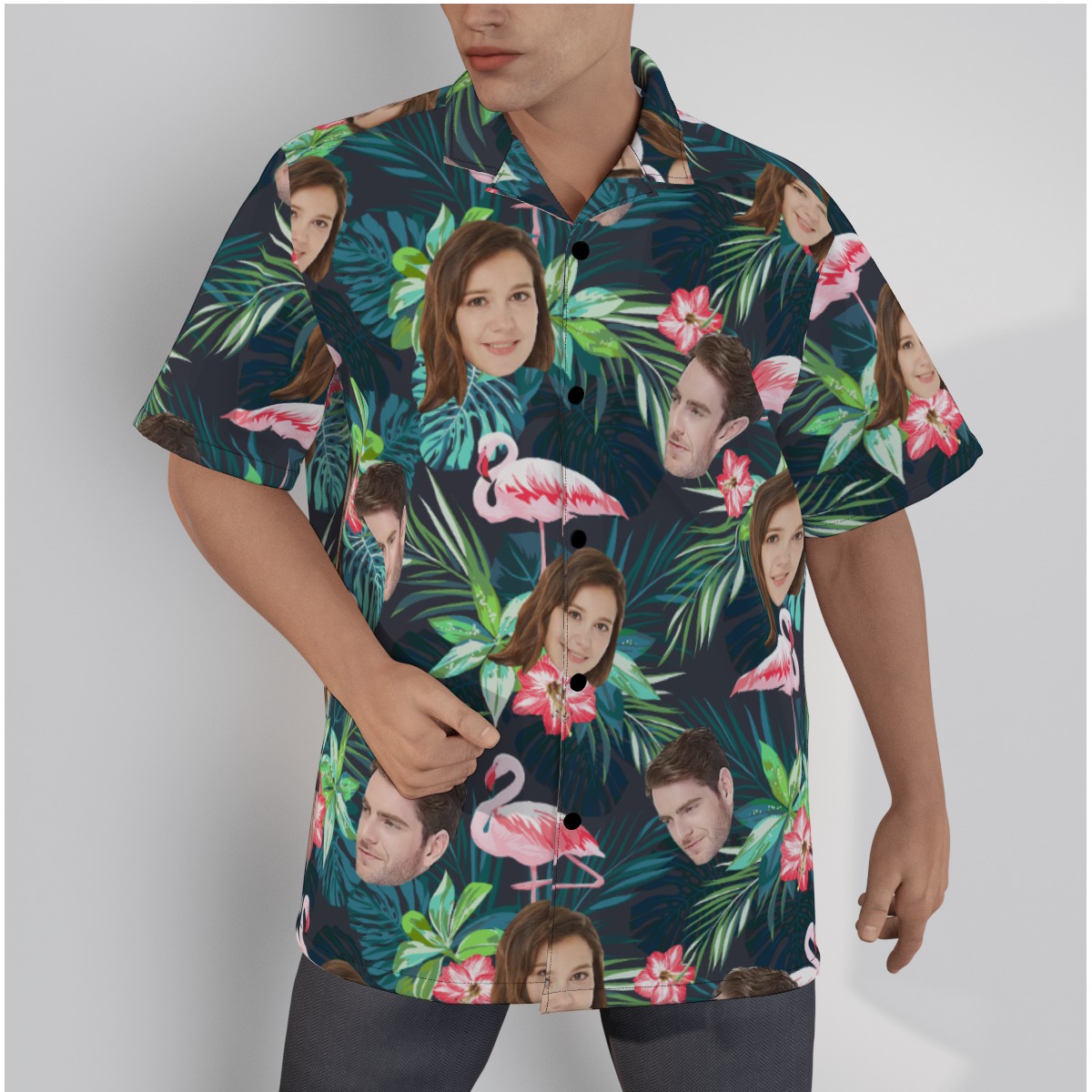Custom Face Tropical Flamingo Green Hawaiian Shirt - variant image 1