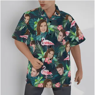 Custom Face Tropical Flamingo Green Hawaiian Shirt