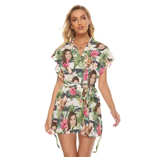 Floral Custom Face Hawaiian Dress With Belt For Women