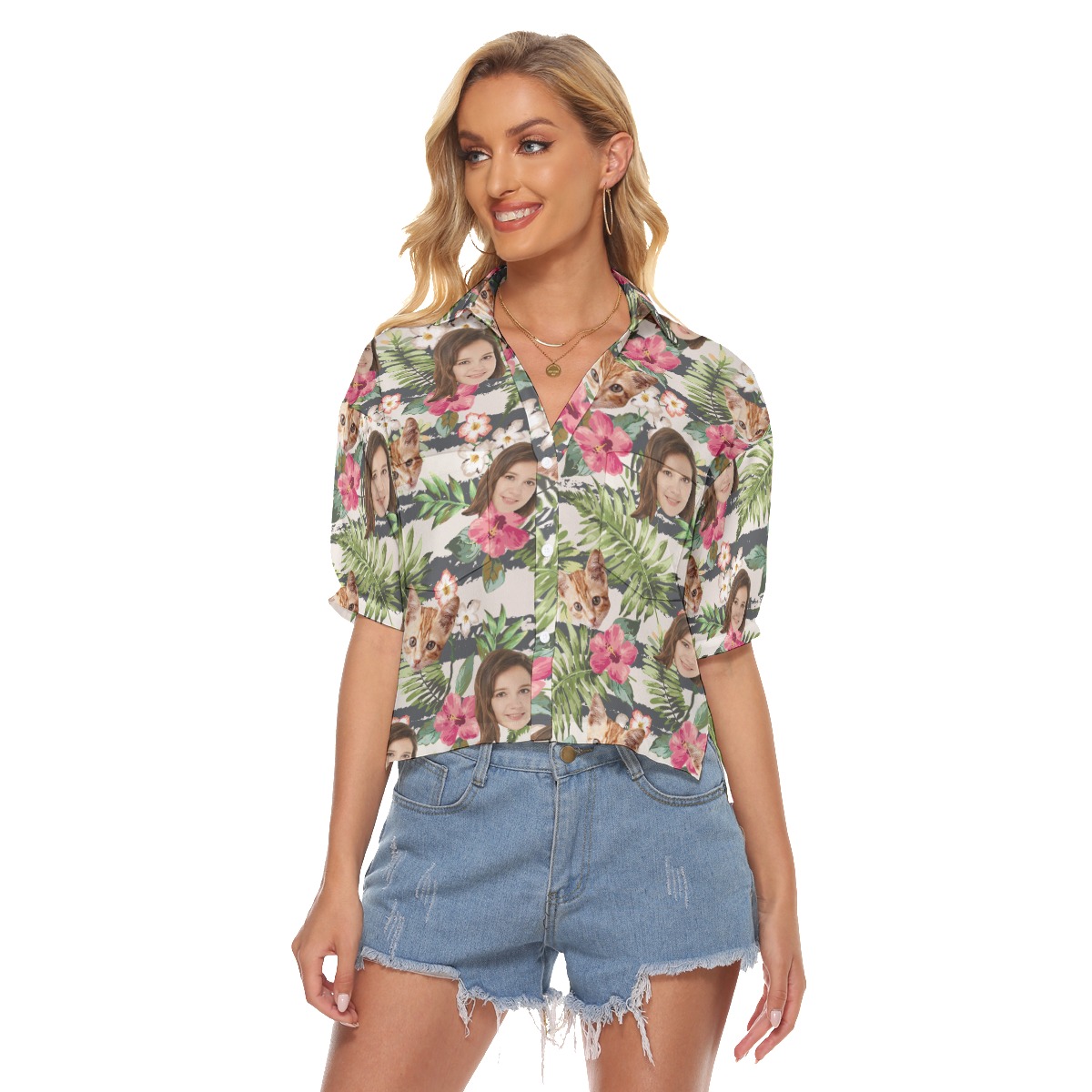 Cool Custom Face Floral Hawaiian Crop Top Shirt For Women - variant image 1