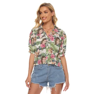 Cool Custom Face Floral Hawaiian Crop Top Shirt For Women