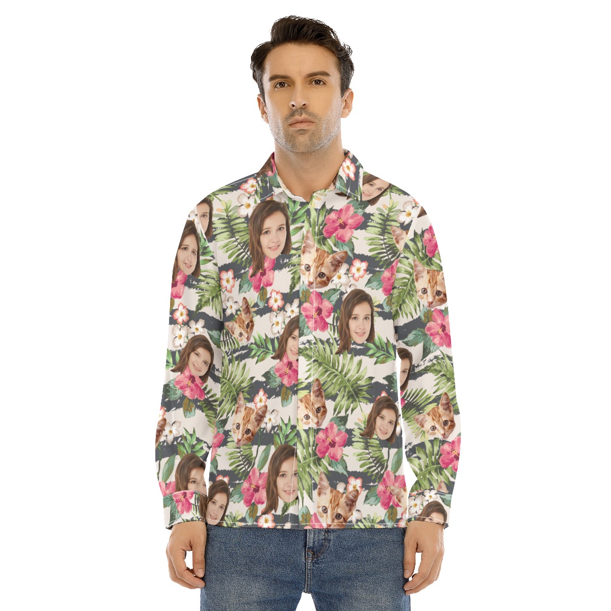 Tropical Custom Face Men's Hawaiian Long Sleeve Shirt - variant image 1