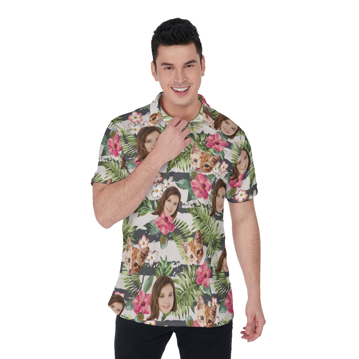 Custom Face Floral Hawaiian Golf Shirt For Men - variant image 1