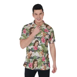 Custom Face Floral Hawaiian Golf Shirt For Men