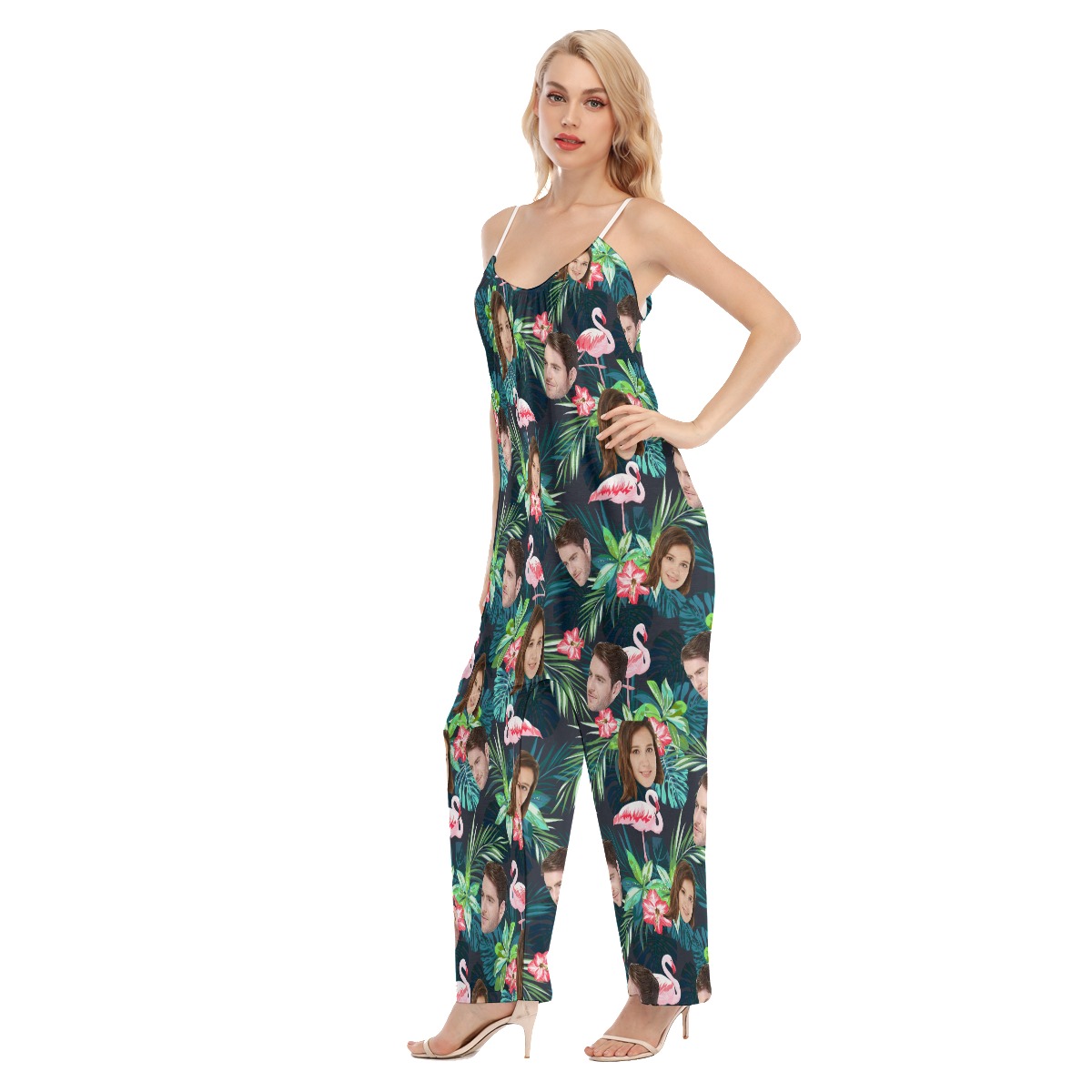 Custom Multiple Faces Tropical Flamingo Hawaiian Loose Jumpsuit