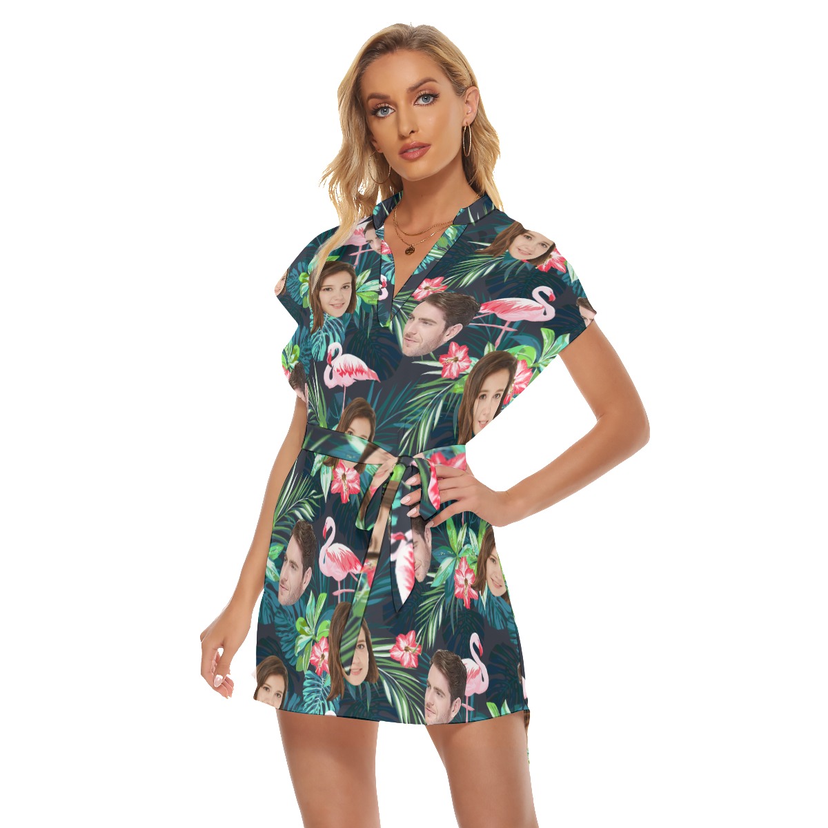 Funny Custom Face Tropical Flamingo Green Hawaiian Dress With Belt