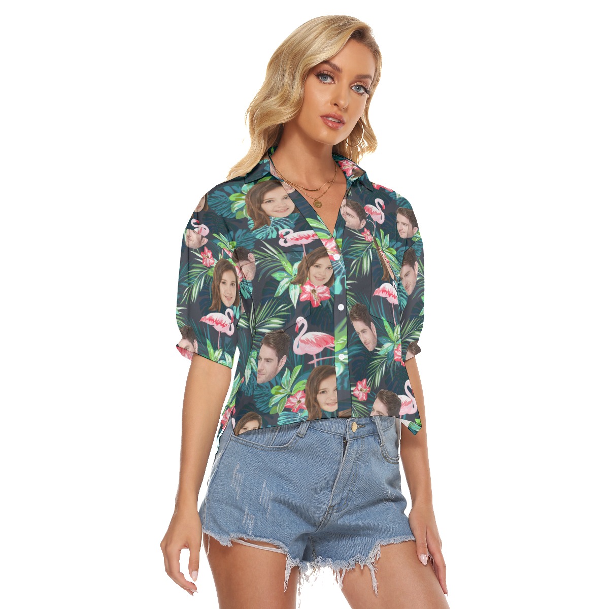 Tropical Flamingo Custom Face Green Aloha Crop Top Shirt