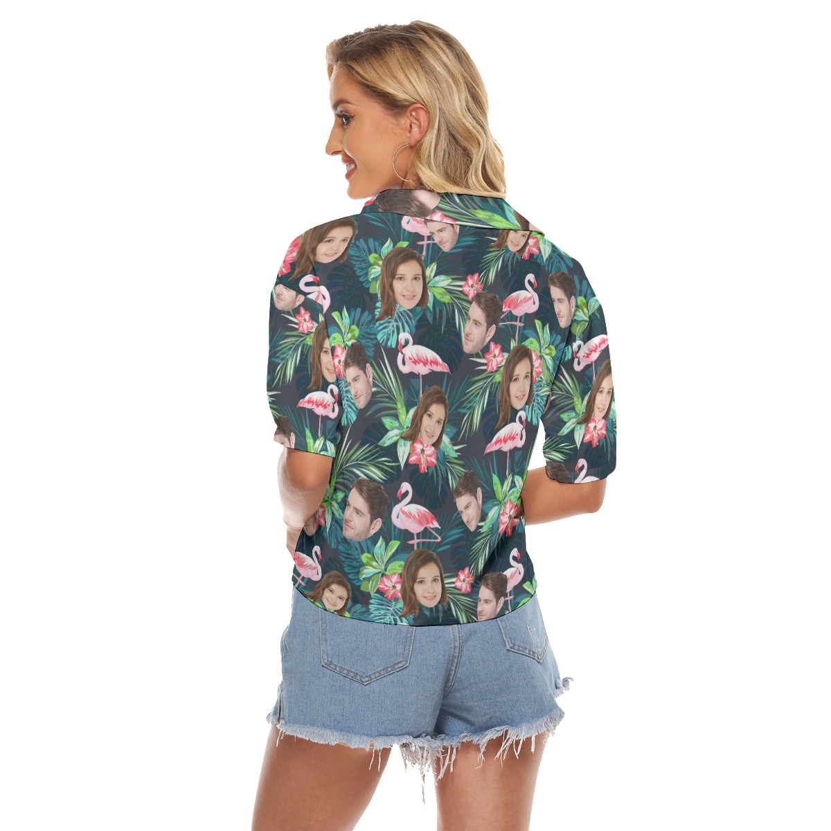 Tropical Flamingo Custom Face Green Aloha Crop Top Shirt