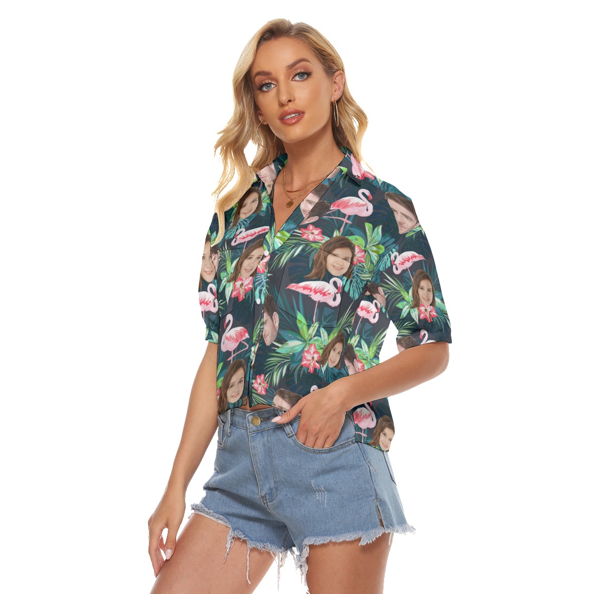 Tropical Flamingo Custom Face Green Aloha Crop Top Shirt
