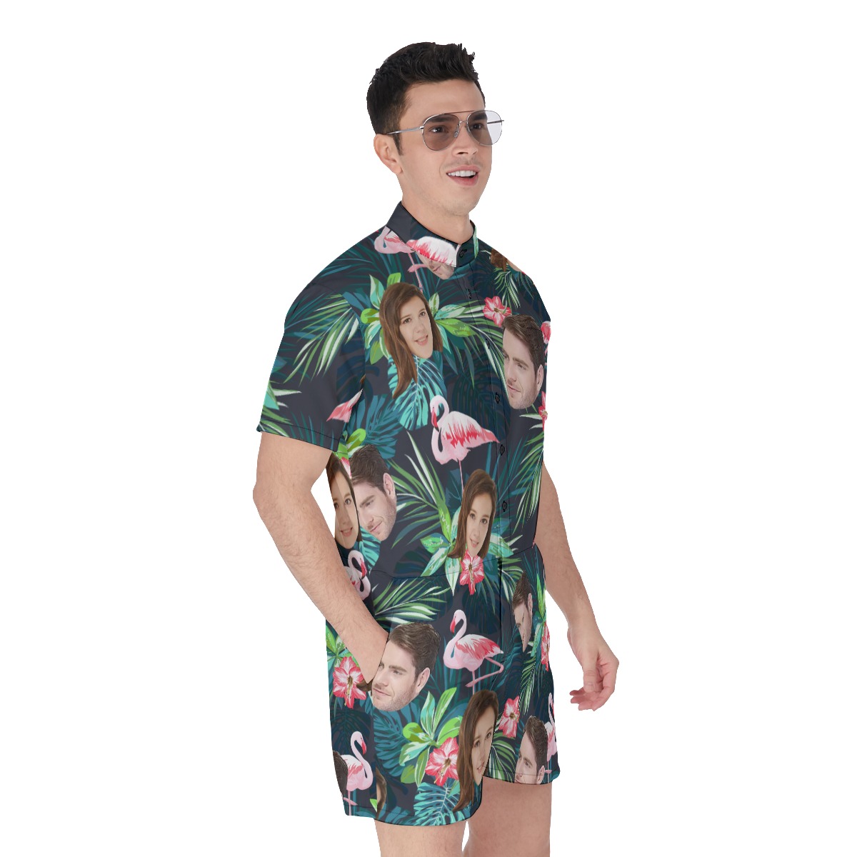 Tropical Flamingo Custom Face Men's Green Hawaiian Romper