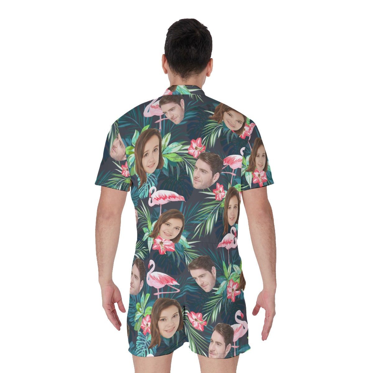 Tropical Flamingo Custom Face Men's Green Hawaiian Romper