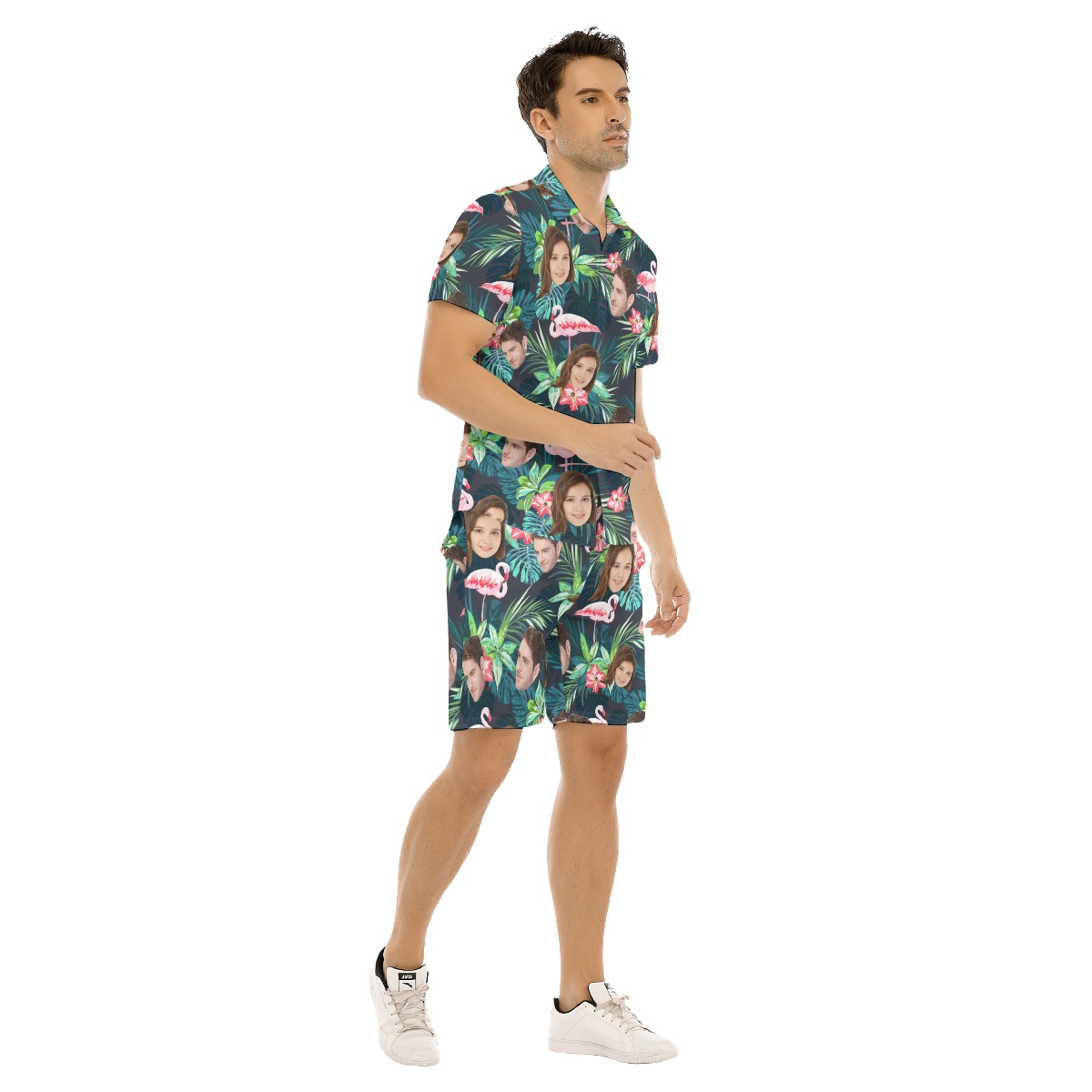 Set Tropical Flamingo Custom Face Hawaiian Shirt And Shorts For Men