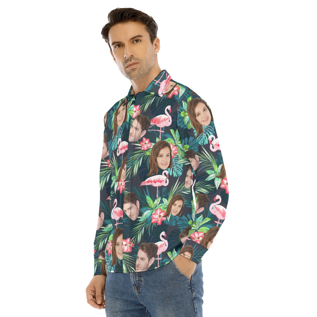 Custom Face Flamingo Tropical Hawaiian Long Sleeve Shirt For Men