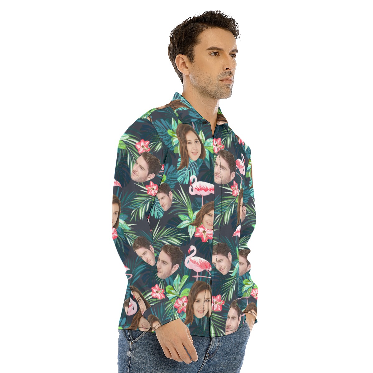 Custom Face Flamingo Tropical Hawaiian Long Sleeve Shirt For Men