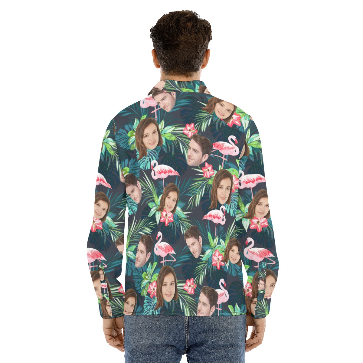 Custom Face Flamingo Tropical Hawaiian Long Sleeve Shirt For Men