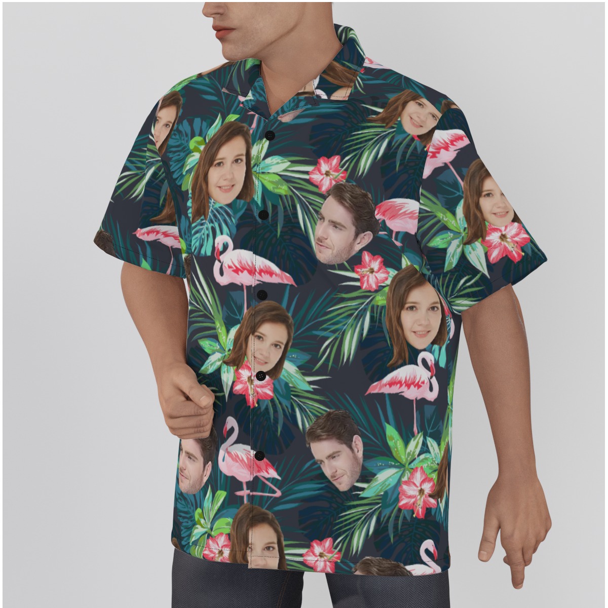 Custom Face Tropical Flamingo Green Hawaiian Shirt