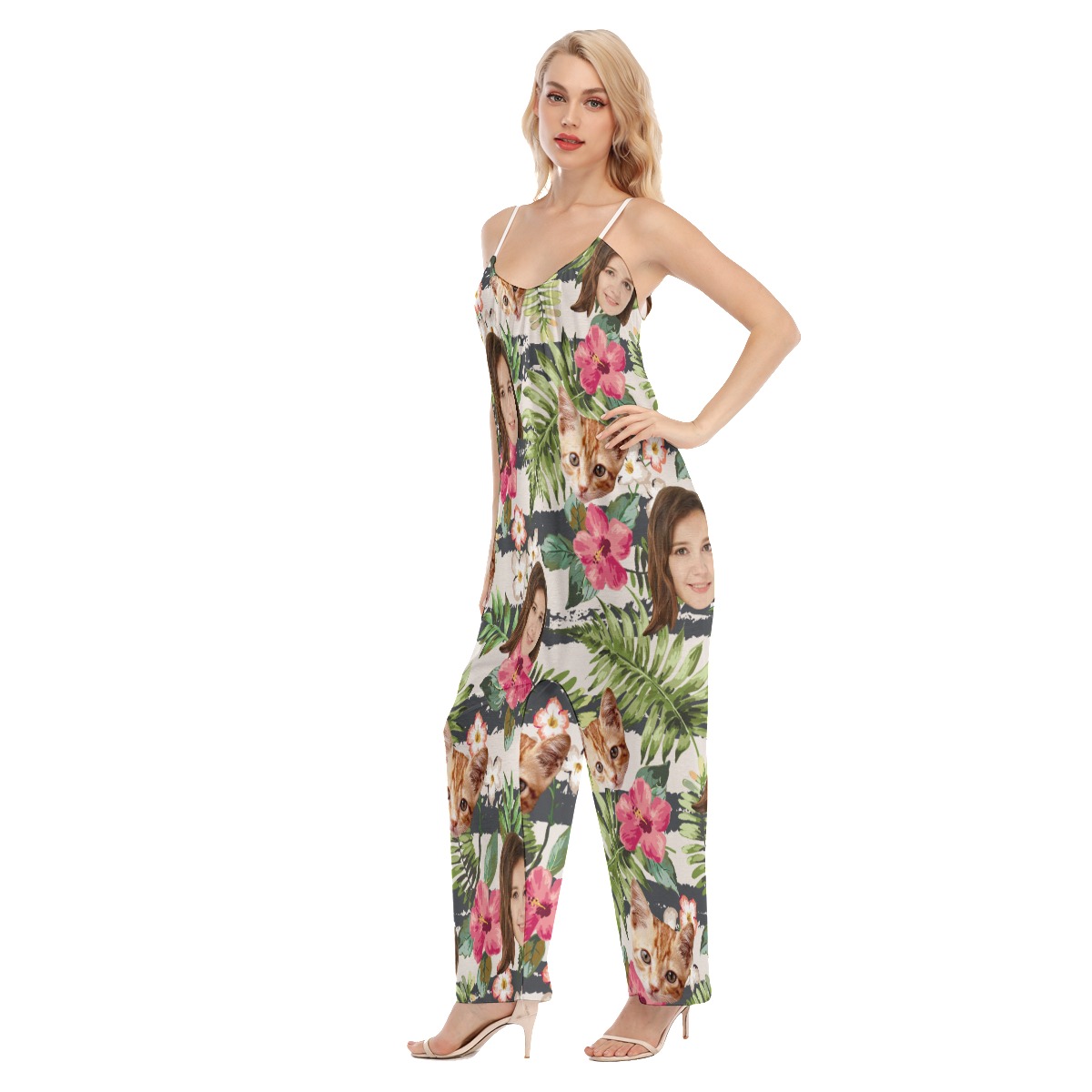 Custom Face Floral Hawaiian Loose Jumpsuit For Women