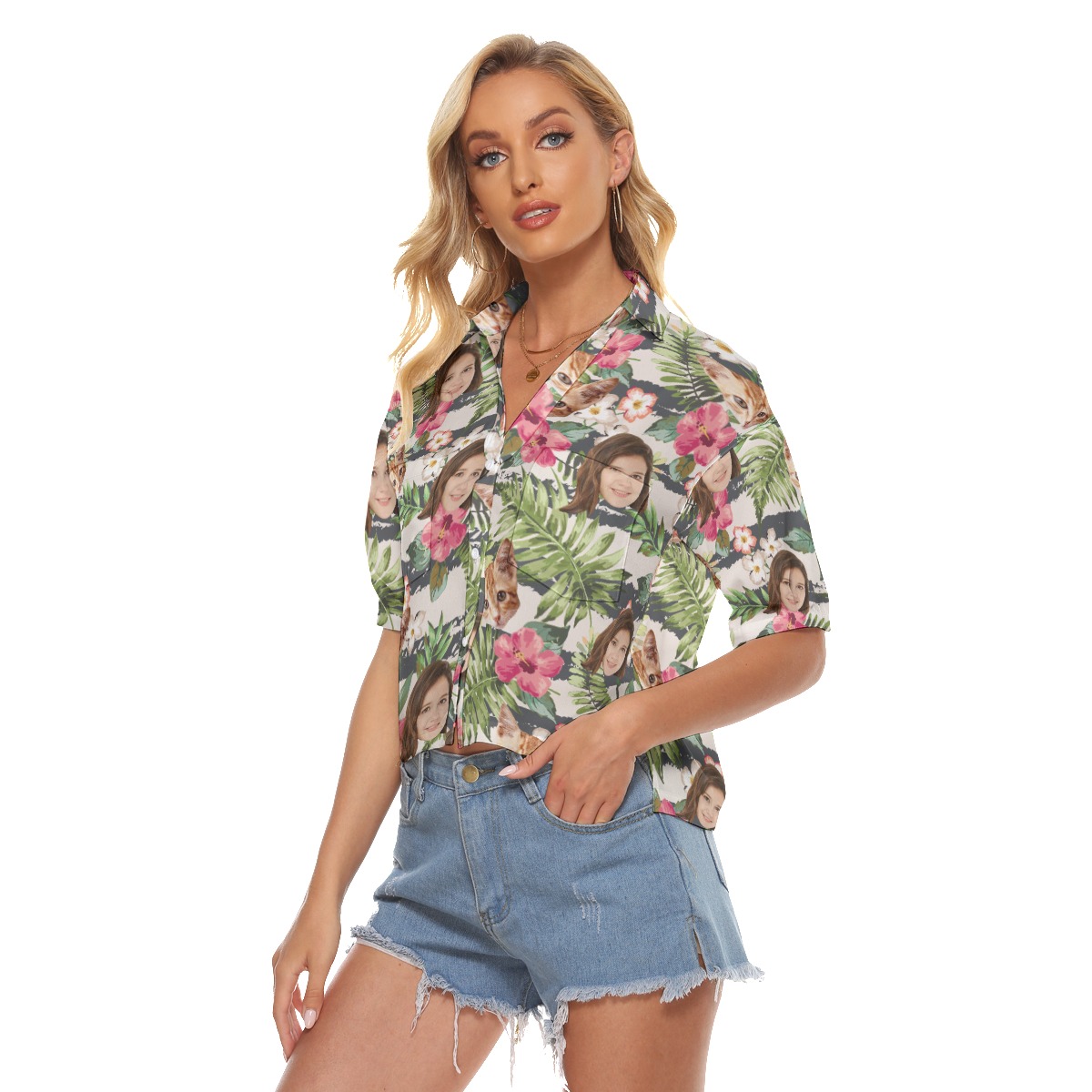 Cool Custom Face Floral Hawaiian Crop Top Shirt For Women
