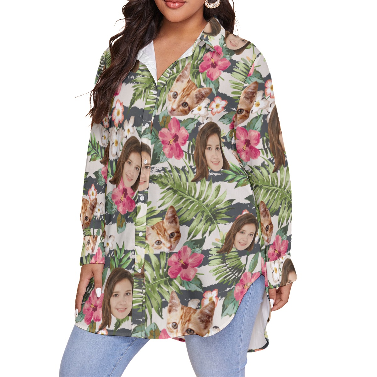 Tropical Custom Face Hawaiian Oversize Shirt For Women