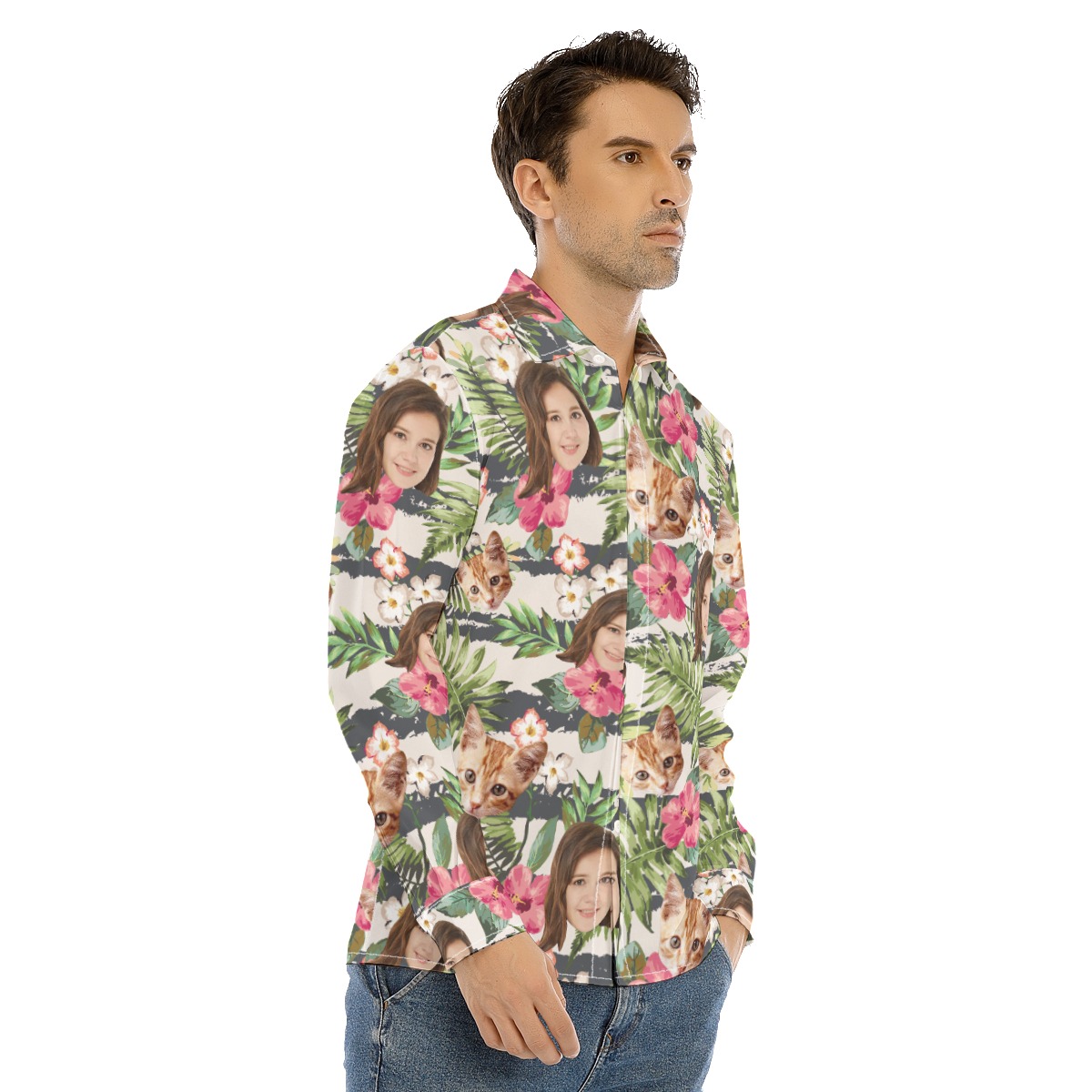 Tropical Custom Face Men's Hawaiian Long Sleeve Shirt